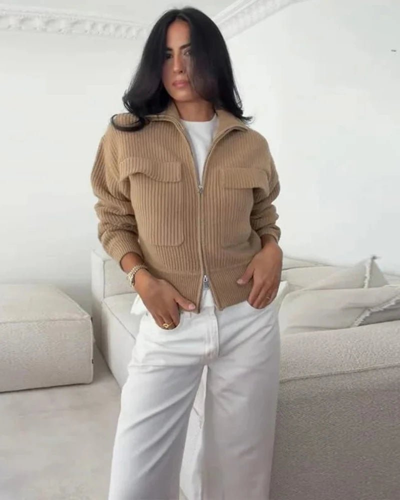 OLANE Zip-Up High Neck Ribbed Knit Cardigan BrownSCardigan