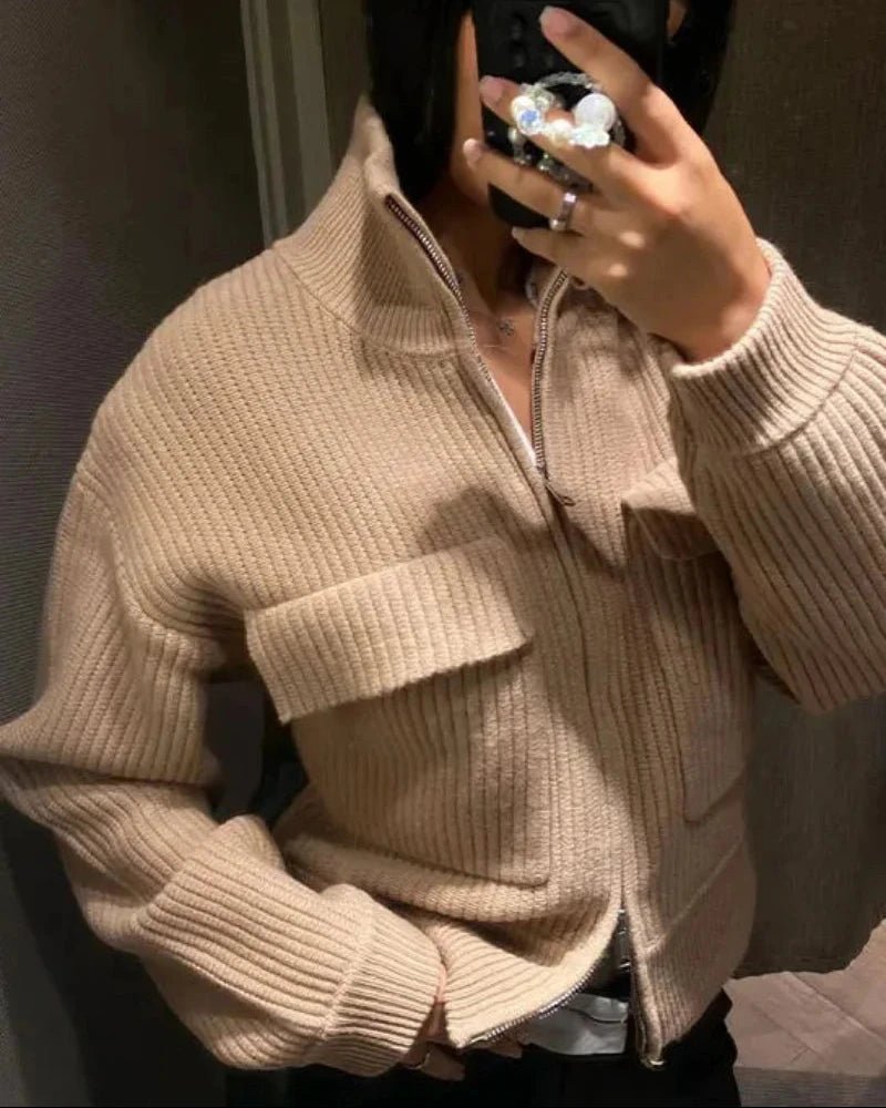 OLANE Zip-Up High Neck Ribbed Knit Cardigan BrownSCardigan