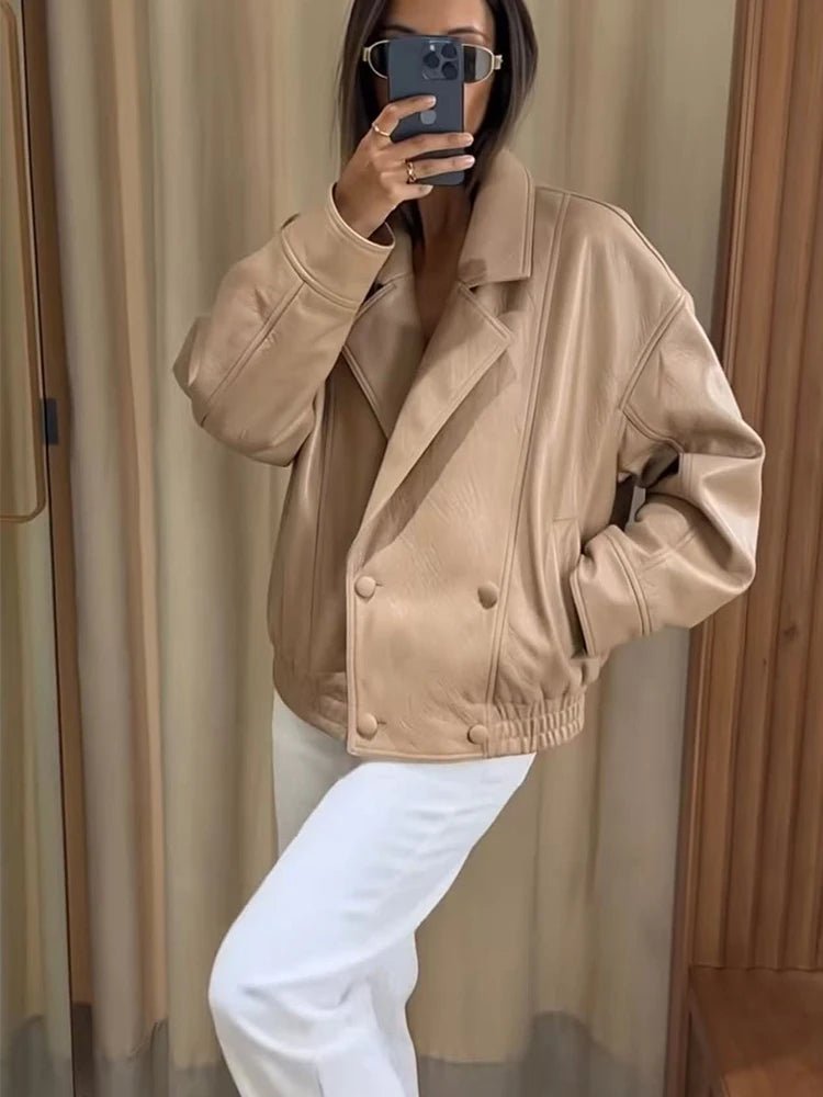 Classic Double Breasted Faux Leather Coat
