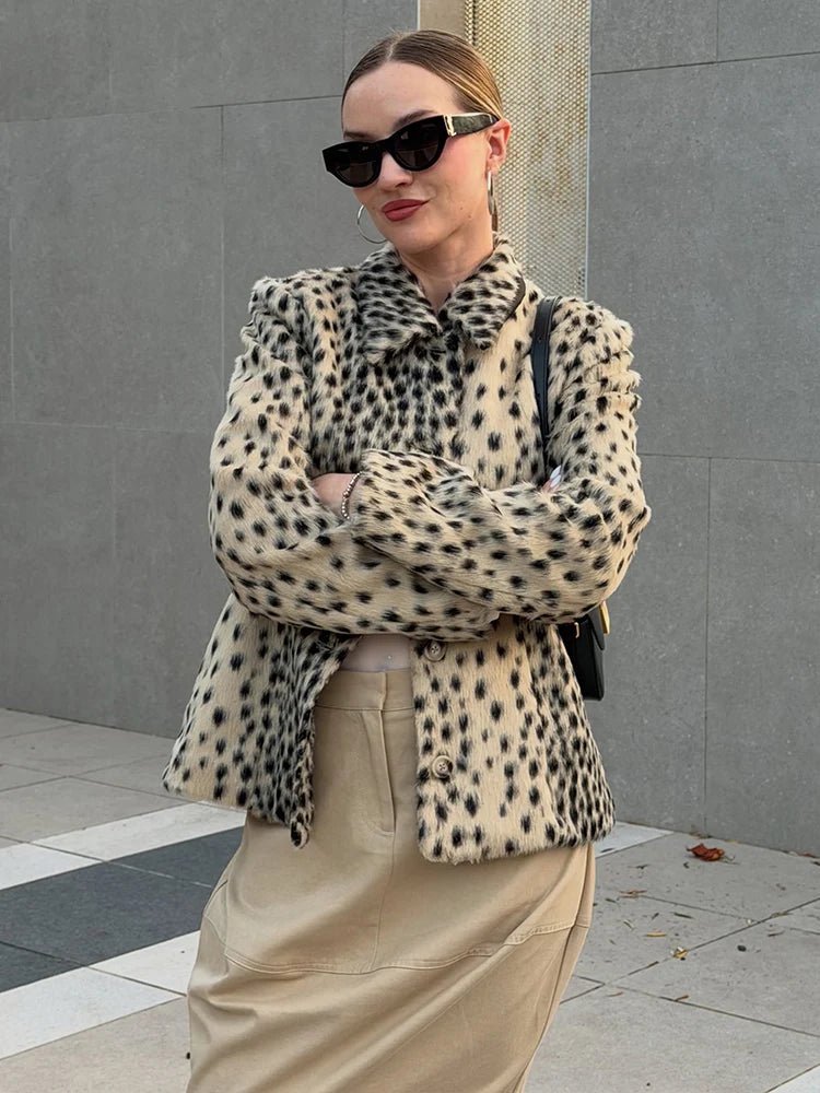 Leopard Print Lapel Faux Fur Coat