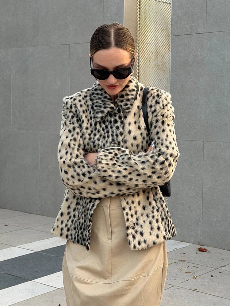 Leopard Print Lapel Faux Fur Coat