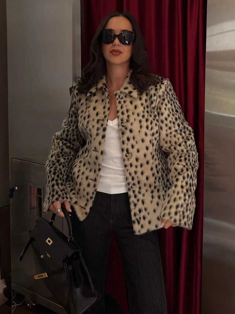 Leopard Print Lapel Faux Fur Coat