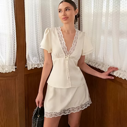 Short Sleeves Lace Satin Button Blouse