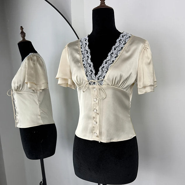 Short Sleeves Lace Satin Button Blouse