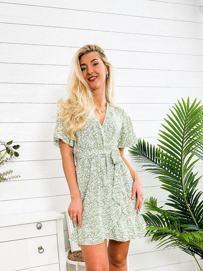 Floral Wrap-Tie Butterfly Sleeves Mini Dress
