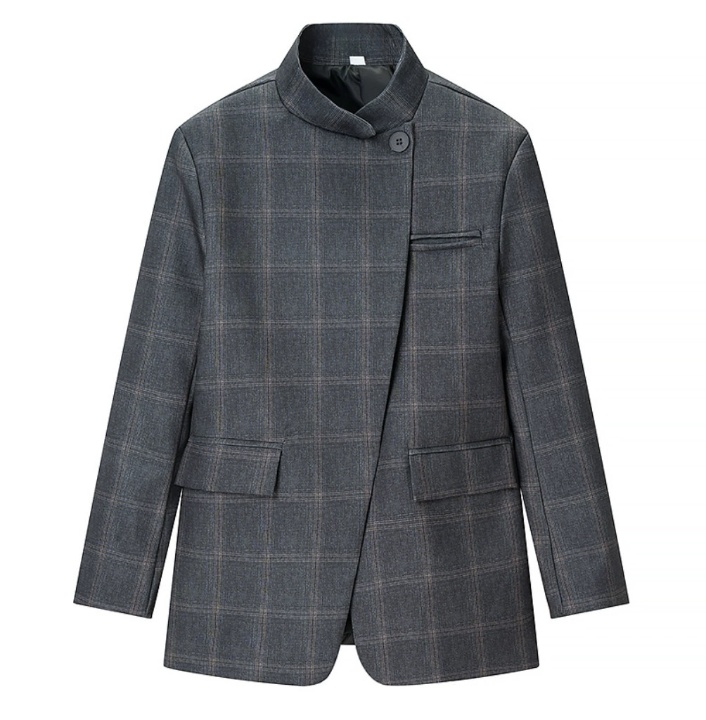 Blazer chic à carreaux col montant