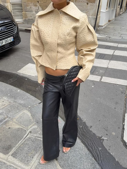 Straußentextur Gekürzte Kunstlederjacke