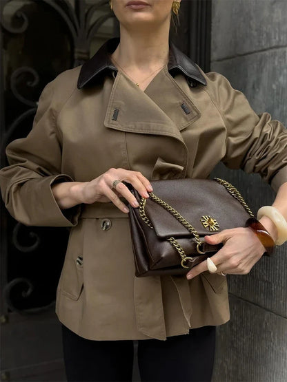 Faux Leather Collar Belted Trench Coat