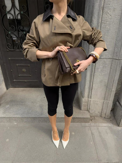 Faux Leather Collar Belted Trench Coat