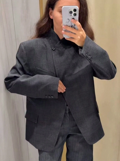 Blazer chic à carreaux col montant