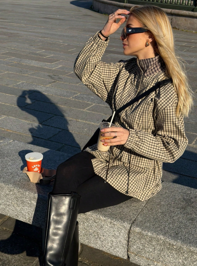 Classic High-Neck Plaid Jacket