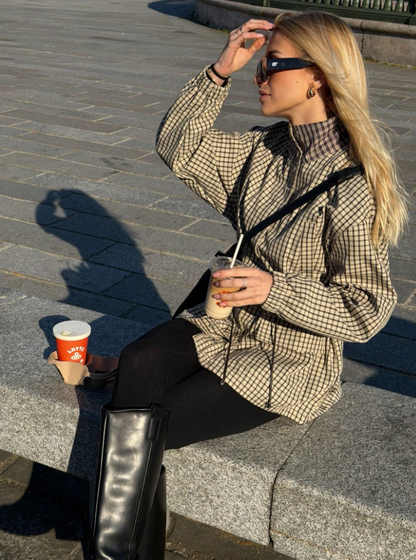 Classic High-Neck Plaid Jacket