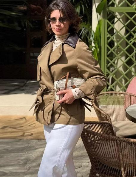 Faux Leather Collar Belted Trench Coat