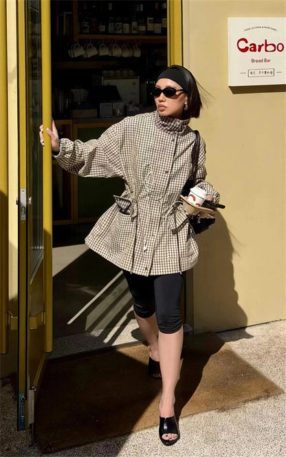 Classic High-Neck Plaid Jacket