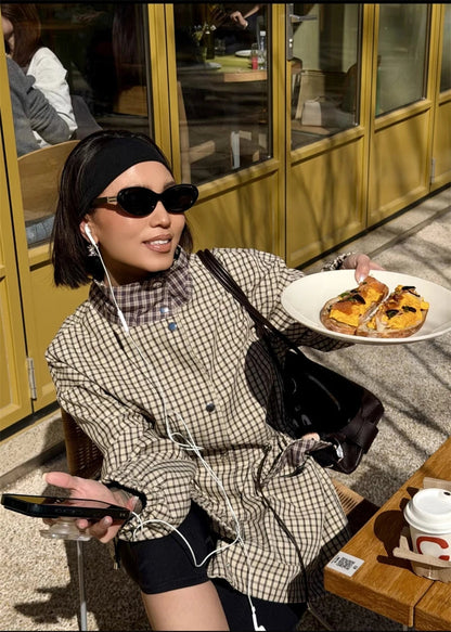 Classic High-Neck Plaid Jacket