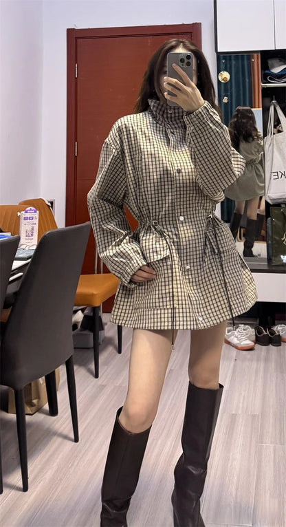 Classic High-Neck Plaid Jacket