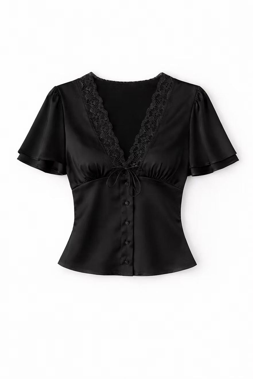 Short Sleeves Lace Satin Button Blouse