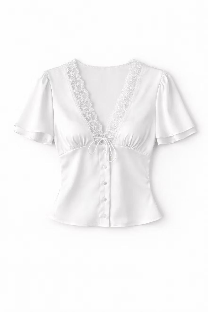 Short Sleeves Lace Satin Button Blouse