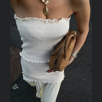 OLANE Knitted Tank Pleated Skirt Set Beige TopMWomen's Sets