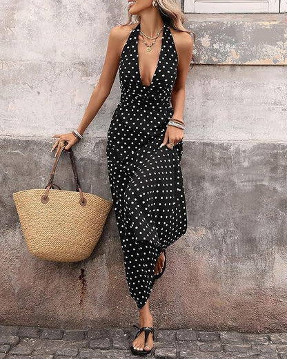 OLANE Adora Polka Dot Halter Midi Dress BlackSWomen’s Dresses
