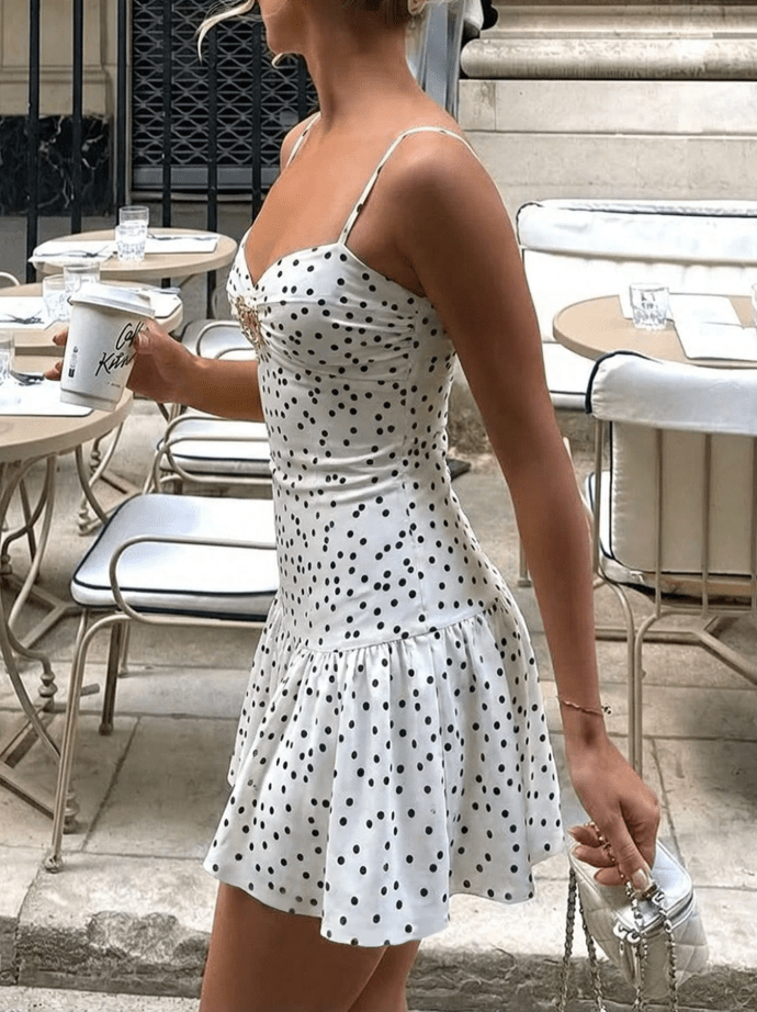 OLANE Evelyn Spaghetti Straps Polka Dot Mini Dress LWomen's Dresses