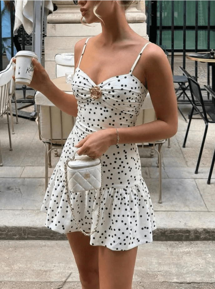 OLANE Evelyn Spaghetti Straps Polka Dot Mini Dress SWomen's Dresses