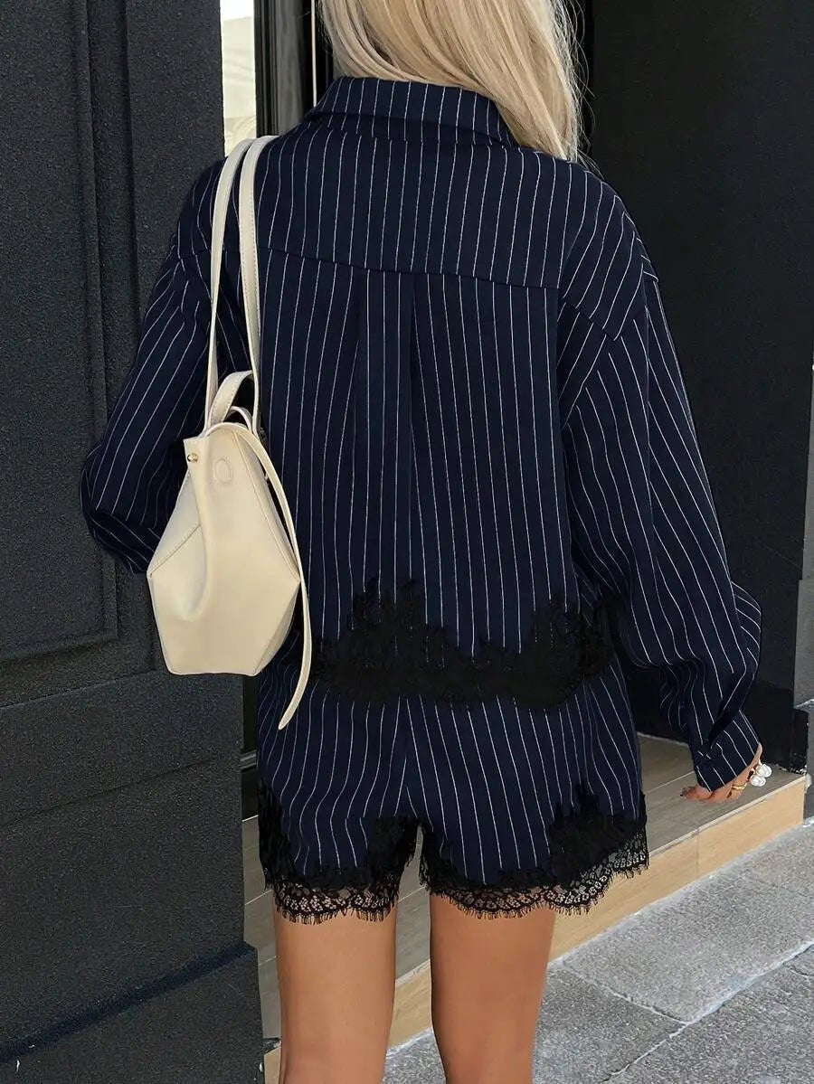 OLANE Natalie Long Sleeve Pinstripe Lace Trim Shorts Set NavySWomen's Sets