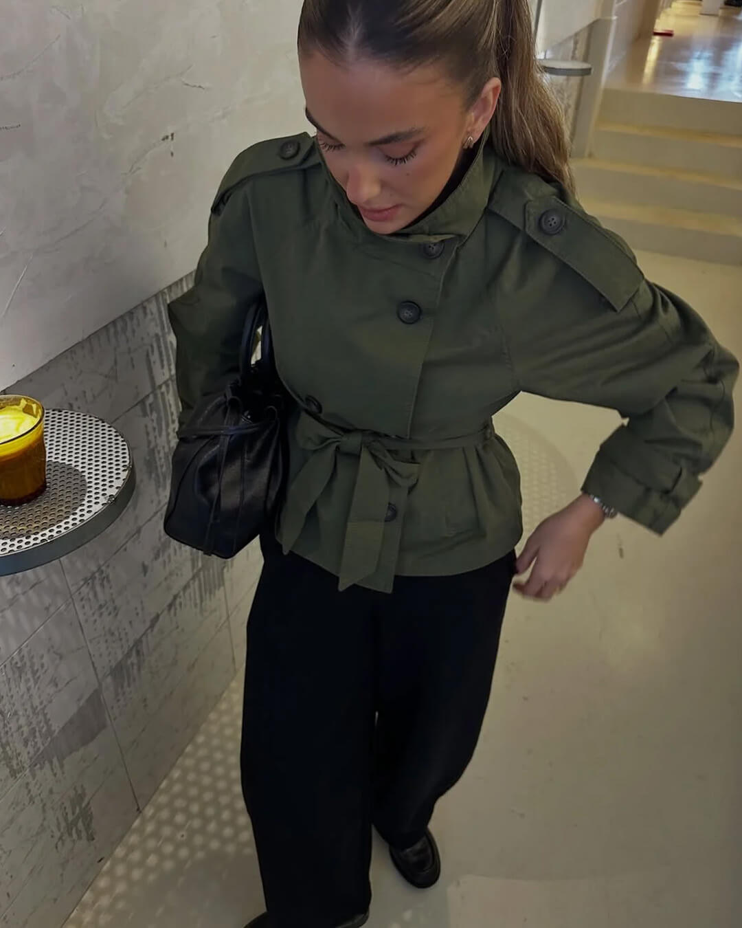 OLANE Alicia Waist-Cinching Belted Trench Coat OliveXSWomen's Coats & Jackets
