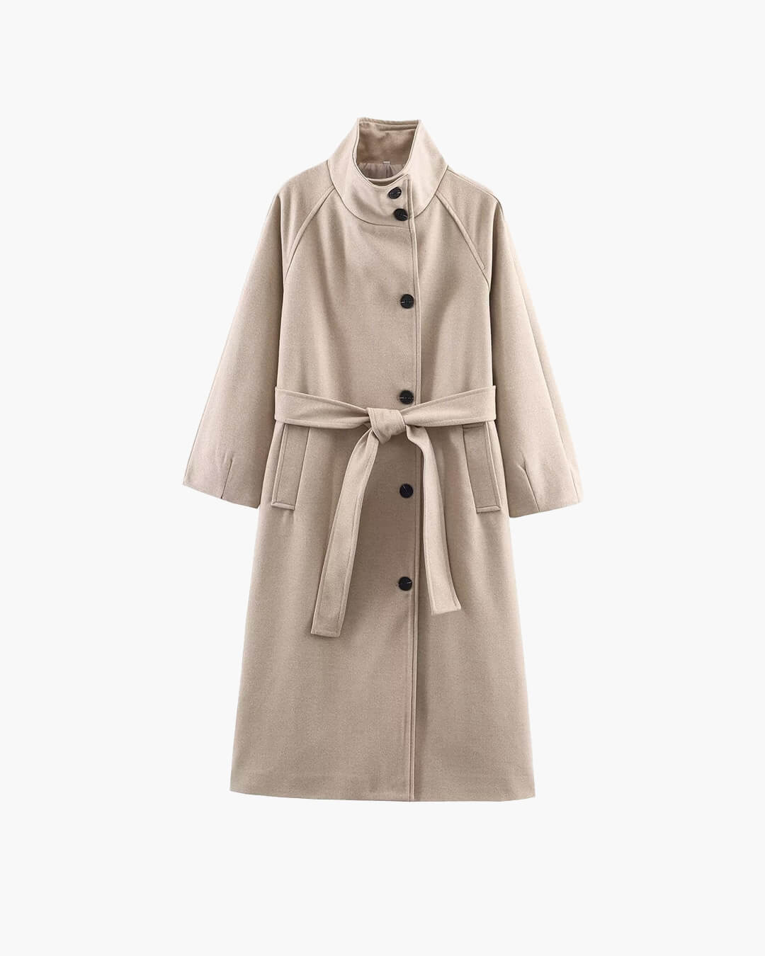 OLANE Angela Long Belted High Collar Coat BeigeSWomen's Coats & Jackets