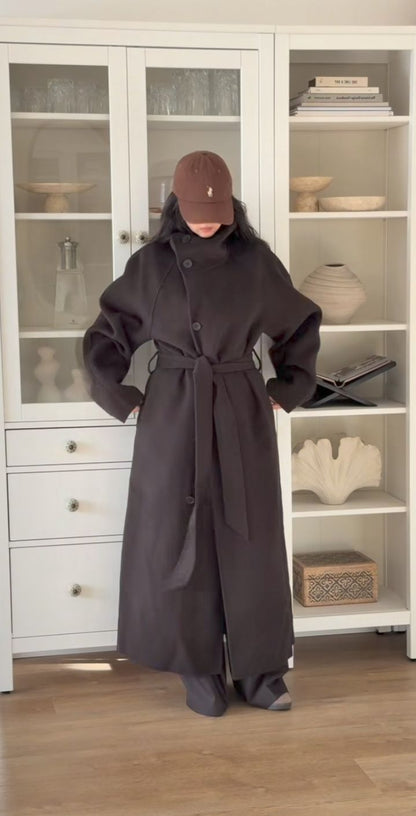 OLANE Angela Long Belted High Collar Coat BlackMWomen's Coats & Jackets