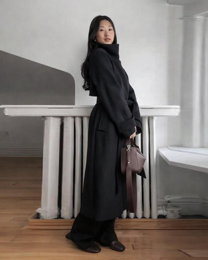 OLANE Angela Long Belted High Collar Coat BlackSWomen's Coats & Jackets