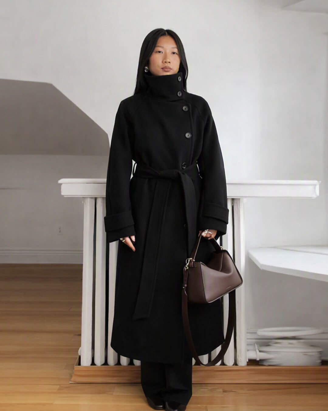 OLANE Angela Long Belted High Collar Coat BlackSWomen's Coats & Jackets