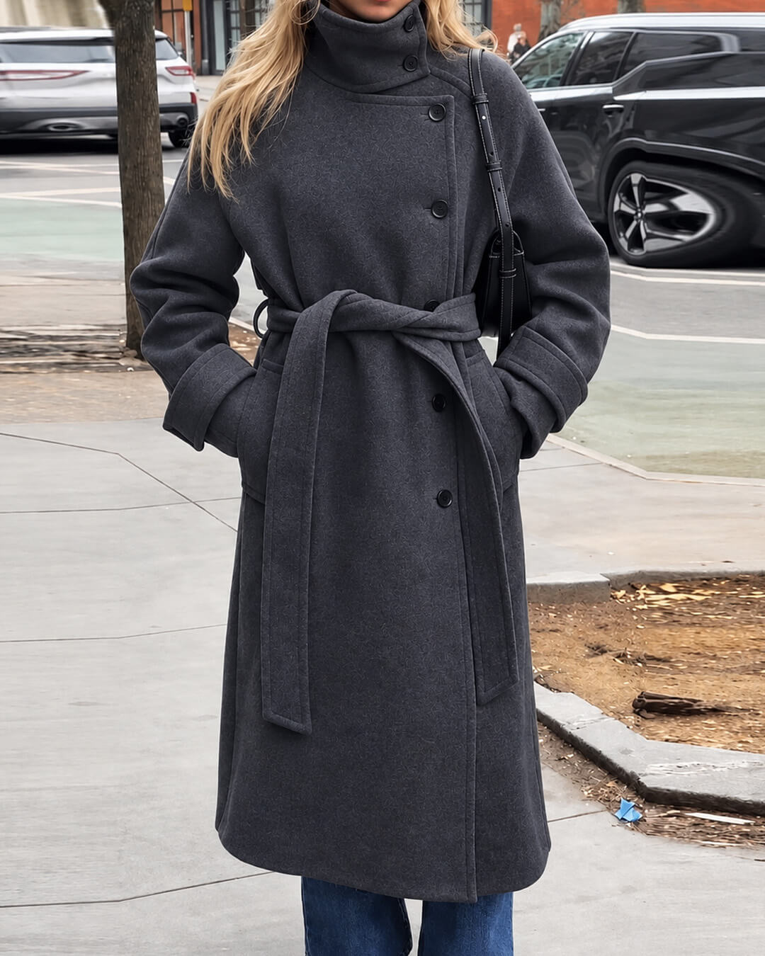 OLANE Angela Long Belted High Collar Coat GreySWomen's Coats & Jackets