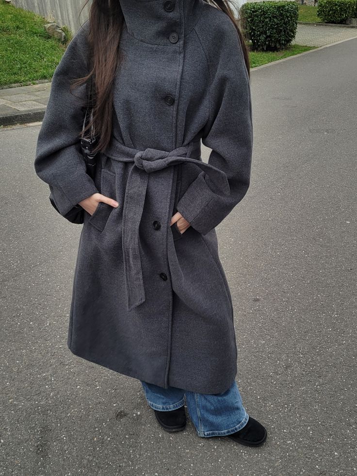 OLANE Angela Long Belted High Collar Coat GreySWomen's Coats & Jackets
