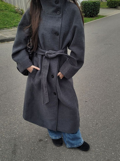 OLANE Angela Long Belted High Collar Coat GreySWomen's Coats & Jackets