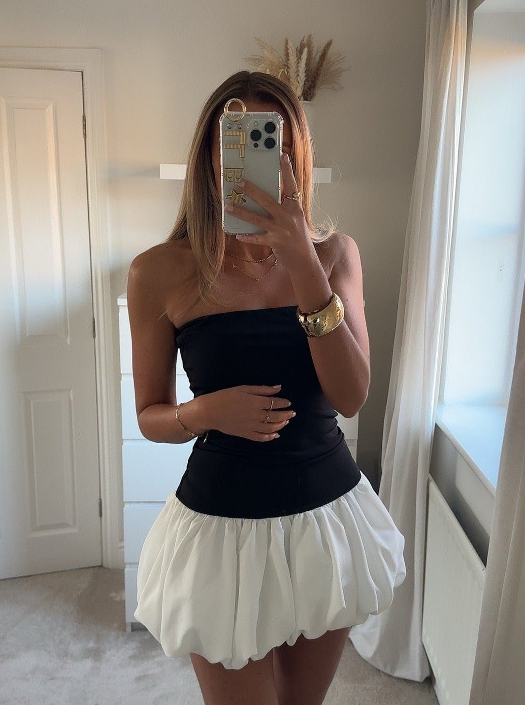 OLANE Angela Strapless Drop-Waist Bubble-Hem Dress BlackMWomen's Dresses