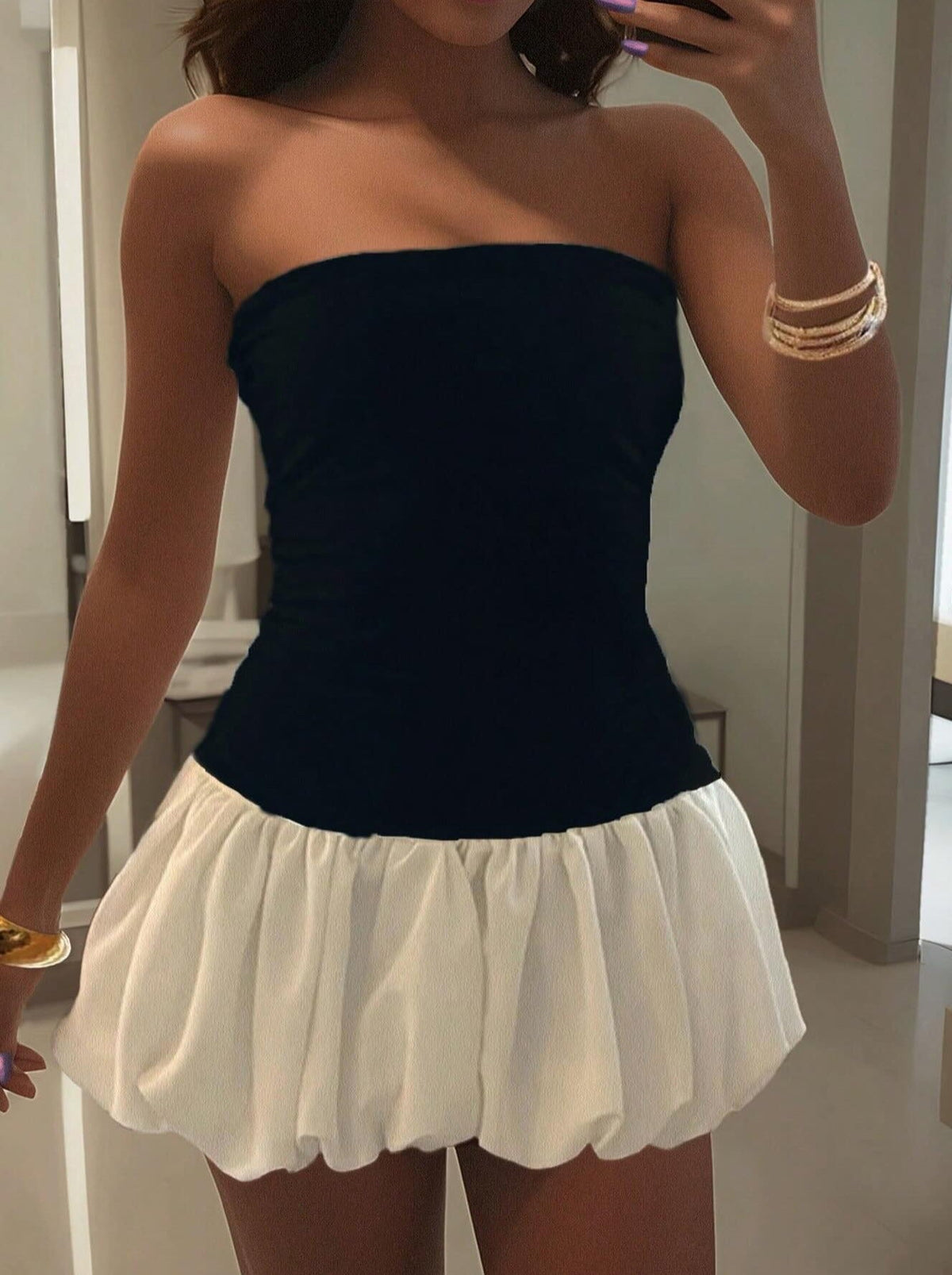 OLANE Angela Strapless Drop-Waist Bubble-Hem Dress BlackSWomen's Dresses
