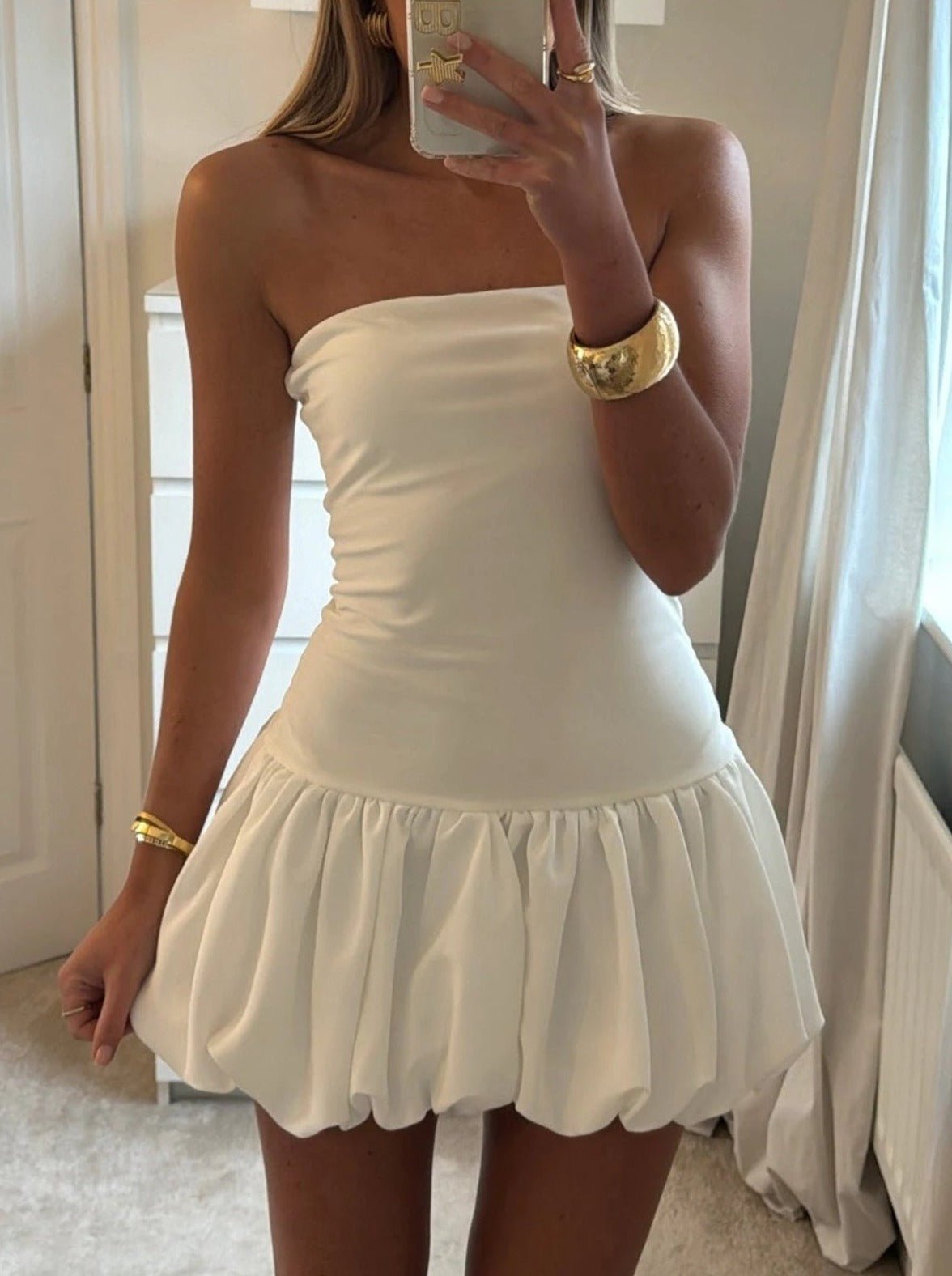 OLANE Angela Strapless Drop-Waist Bubble-Hem Dress WhiteSWomen's Dresses