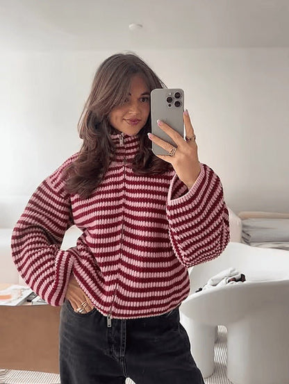 OLANE Angela Striped Knit Zip Sweater RedLWomen's Sweaters & Cardigans