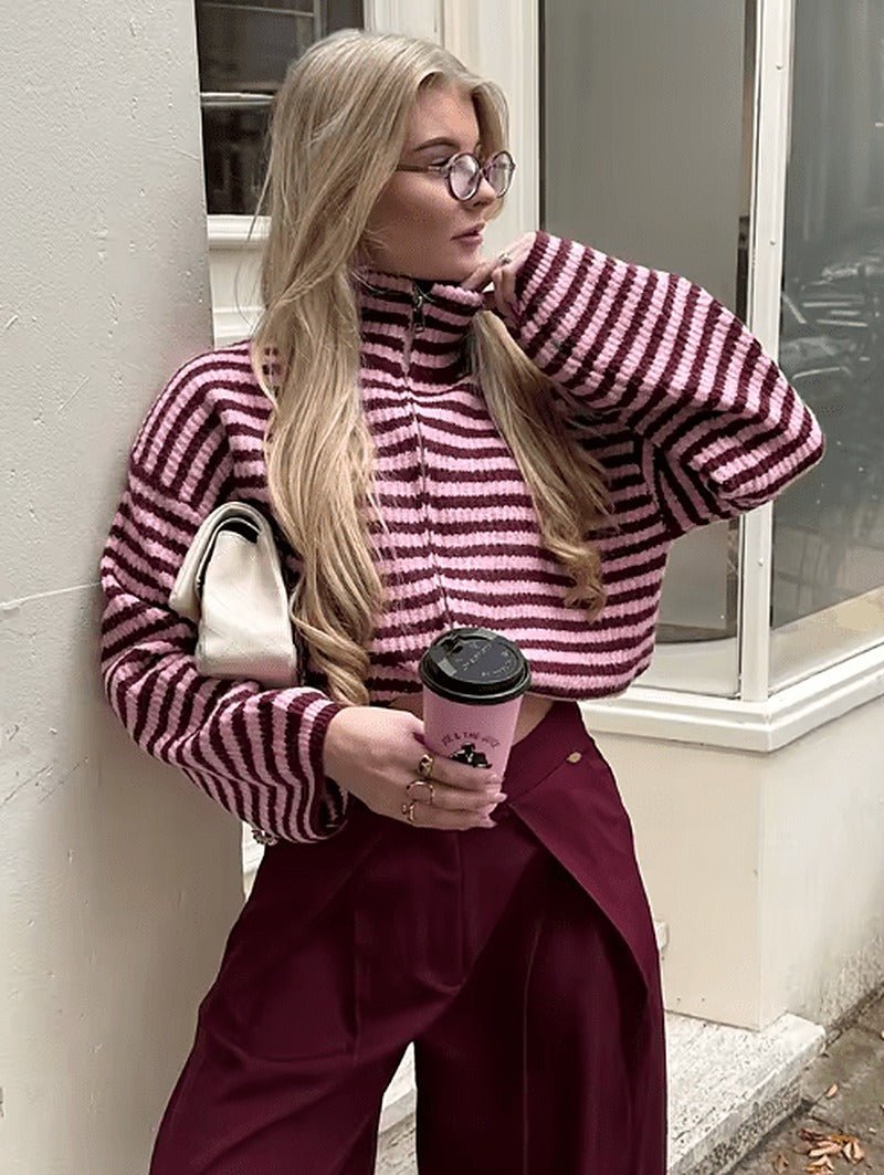 OLANE Angela Striped Knit Zip Sweater RedLWomen's Sweaters & Cardigans
