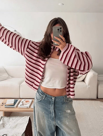 OLANE Angela Striped Knit Zip Sweater RedSWomen's Sweaters & Cardigans