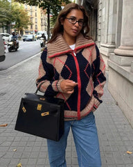 Cardigan in maglia jacquard argyle a coste con zip