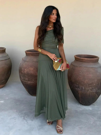 OLANE Asymmetric Off-Shoulder Ruched Maxi Dress SageSWomen’s Dresses
