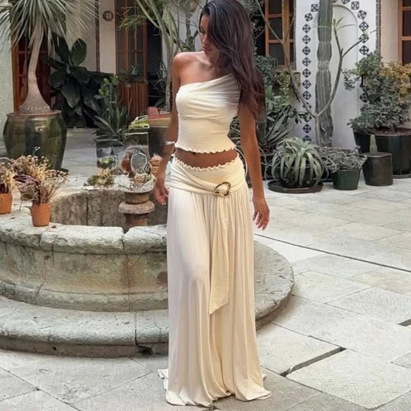OLANE Asymmetric One-Shoulder Belted Maxi Skirt Set SetLWomen's Sets