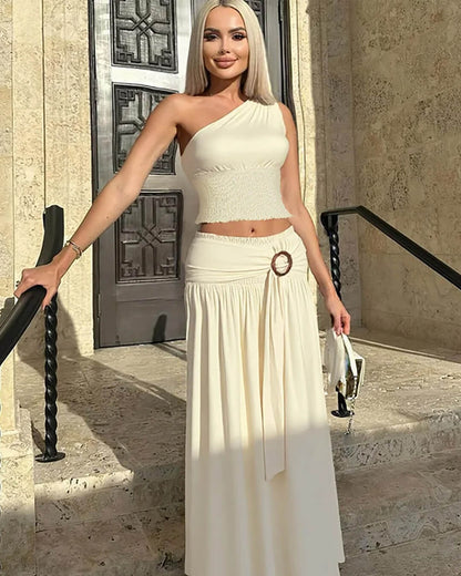 OLANE Asymmetric One-Shoulder Belted Maxi Skirt Set SetSWomen's Sets