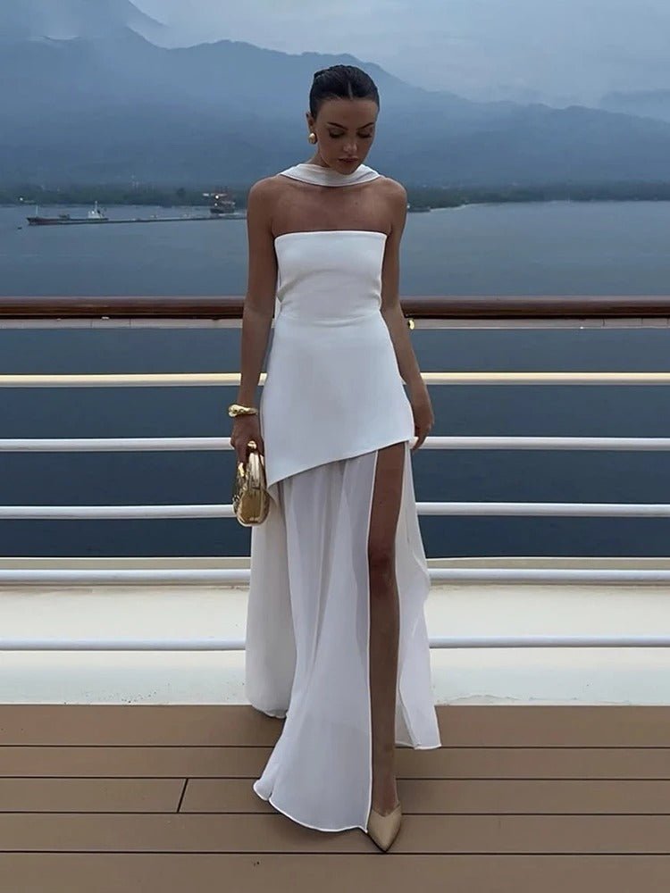 OLANE Asymmetric Sheer Maxi Dress with Scarf WhiteSWomen's Dresses