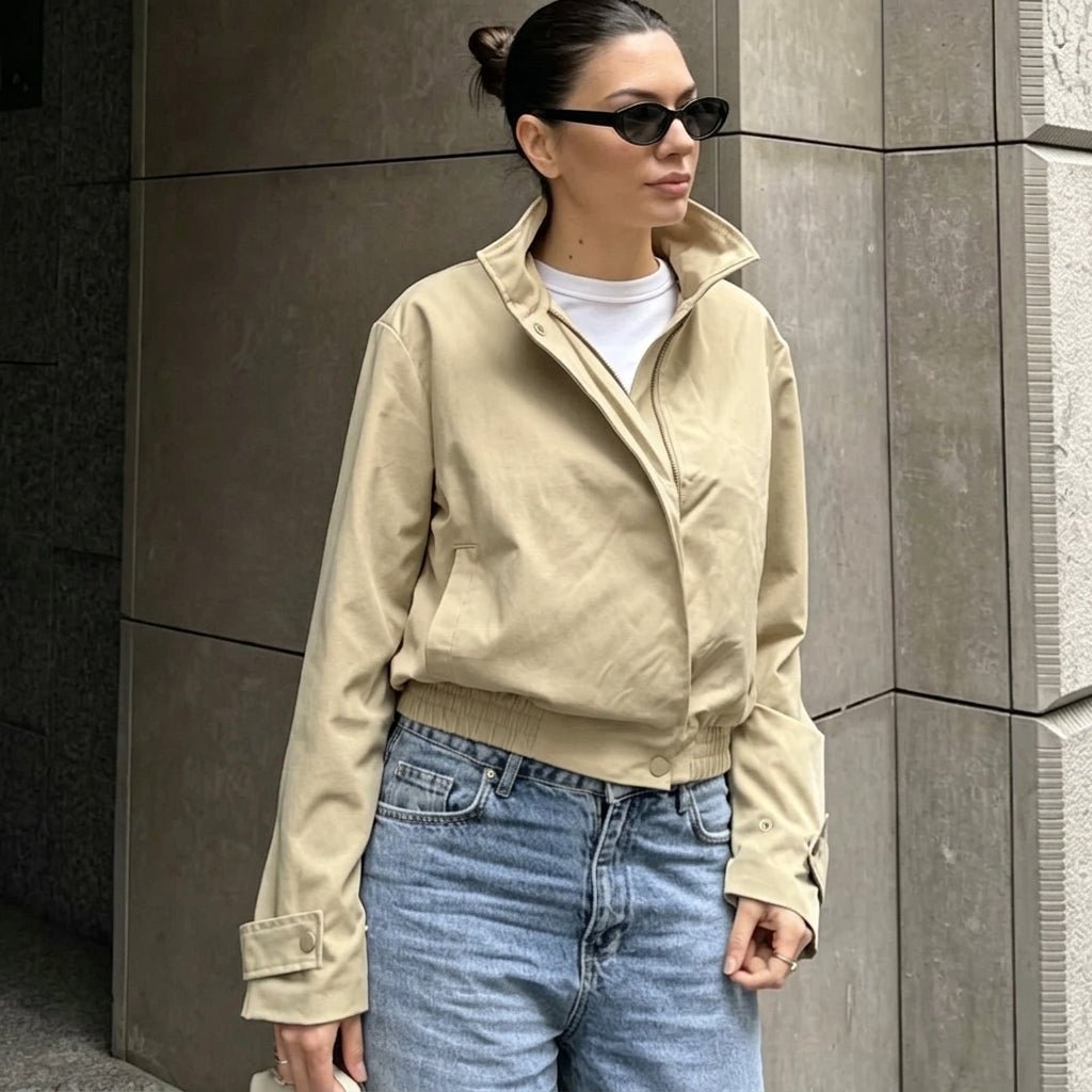 OLANE Asymmetrical Zip High Neck Jacket BeigeSWomen's Coats & Jackets