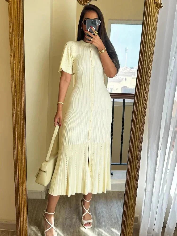 OLANE Bell Sleeve Pleated Knit Midi Dress BeigeMWomen's Dresses