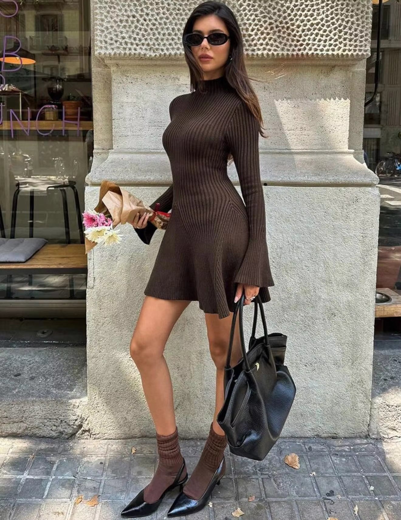 OLANE Bell Sleeve Ribbed Knit Sweater Dress BrownXSDress