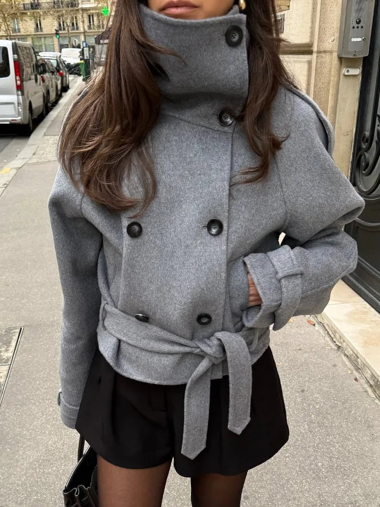 OLANE Belted Double-Breasted Turtleneck Coat SWomen's Coats & Jackets